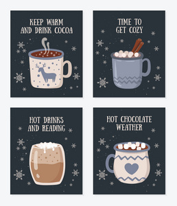 矢量明信片收集与热饮料和舒适的口号在平面设计。热巧克力, 咖啡, 可可和奶油和棉花糖。秋冬假期
