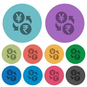 日元卢比货币交换深色平面图标的颜色圆形背景