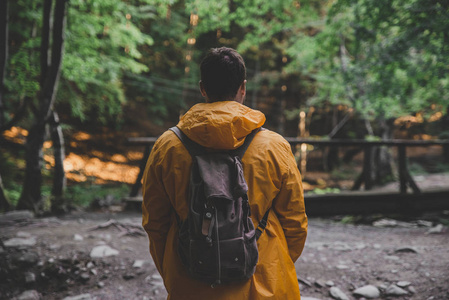 男子站在森林中间的黄色雨衣。徒步旅行概念