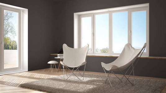 白色和灰色最小的客厅与扶手椅地毯, 实木复合地板和全景窗口, 斯堪的纳维亚建筑, 现代室内设计
