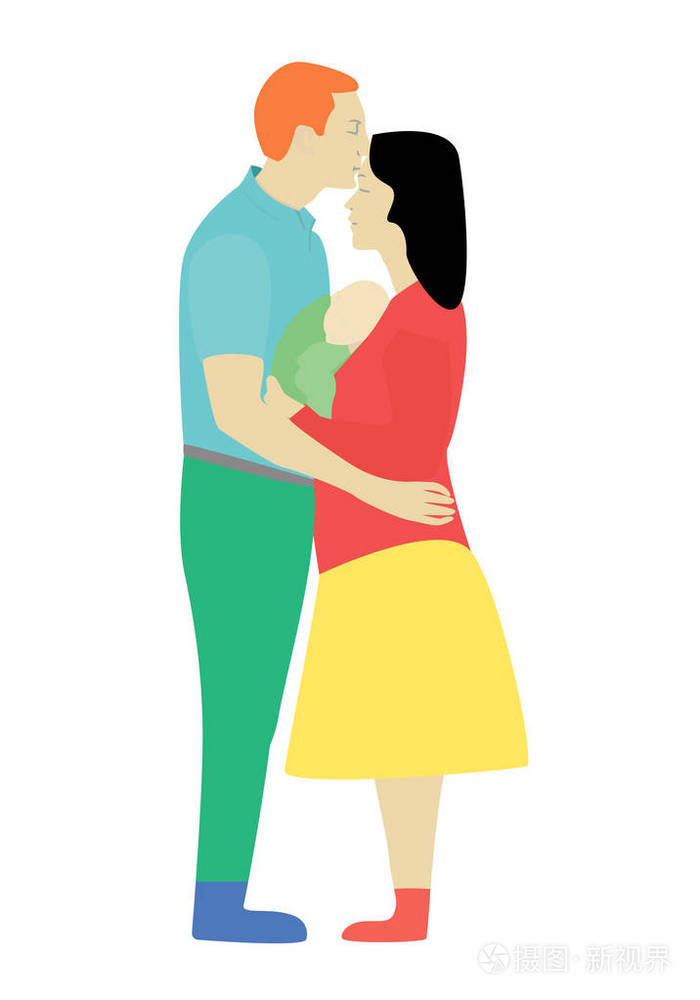 一个男人亲吻和拥抱他的妻子, 她抱着一个婴儿在她的怀里.矢量插图