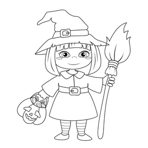 可爱的小万圣节女巫.着色书的黑白矢量插图照片