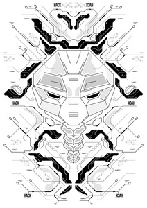 赛博朋未来海报与机器人头。技术抽象海报模板。网络和印刷品的现代传单