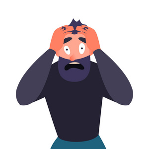 惊恐发作的家伙吓坏了卡通人物惊恐地尖叫着, 紧贴着他的头.