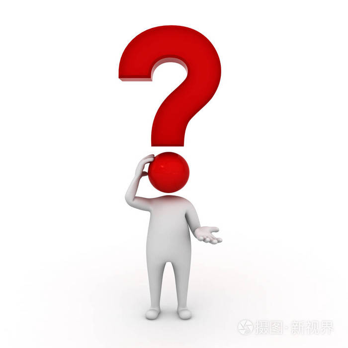 3d 立体人孤立在白色背景上他头顶红色问号与思考