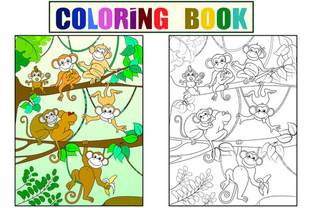 家庭的猴子在树彩书上为儿童卡通光栅。着色, 黑白相间
