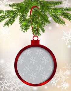 卡红球用弓和题字圣诞节背景的地方。挂在树枝间的雪花。圣诞节树玩具。插图