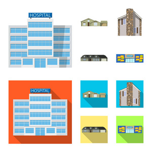 建筑物和前面符号的矢量设计。大厦和屋顶股票载体例证的汇集