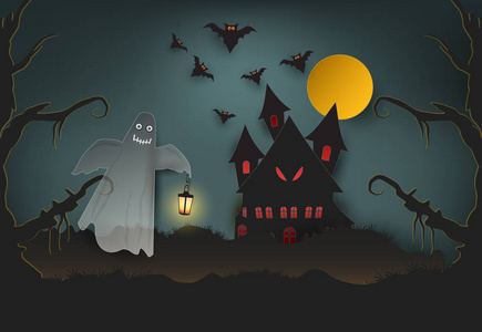 幽灵持有的灯和城堡在黑暗的森林, 万圣节纸艺术背景, 剪纸风格插图