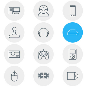 矢量图12小工具图标线条样式。可编辑的 mp3 播放器耳机鼠标和其他图标元素集