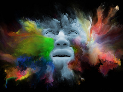 心雾系列。3d. 用分形涂料绘制的人脸变形图, 适用于内世界梦情感创造力想象力和人的思维等项目。