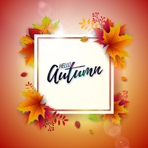 秋天插图与五颜六色的下落的叶子和文字在白色背景。秋季矢量设计贺卡, 横幅, 传单, 邀请, 小册子或宣传海报