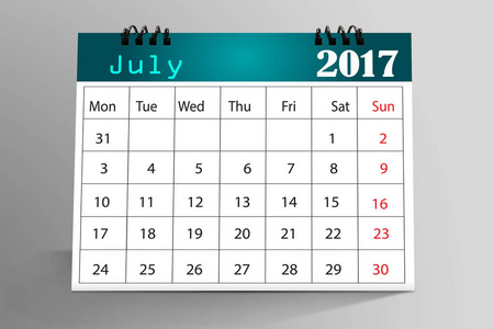 2017年7月在灰色背景下隔离的桌面日历