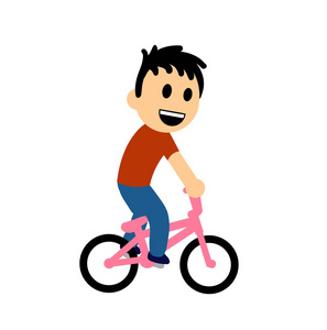 滑稽的卡通男孩骑自行车。平面矢量图。在白色背景上被隔离