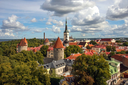 爱沙尼亚夏季塔林古城的空中全景城市美景