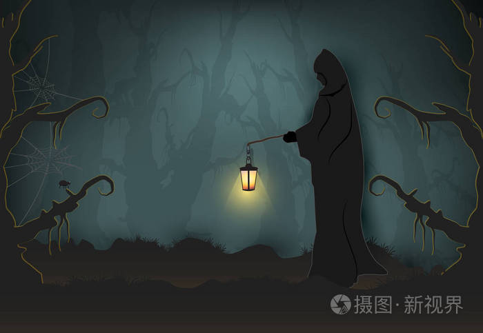 死神手持灯在黑暗森林, 万圣节纸艺术背景, 剪纸风格插图插画-正版