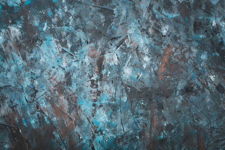 旧的金属背景或质地。抽象垃圾装饰深蓝色, 棕色粉刷墙壁背景。阴沉粗糙的涂抹纹理。网页横幅或墙纸与复制空间设计