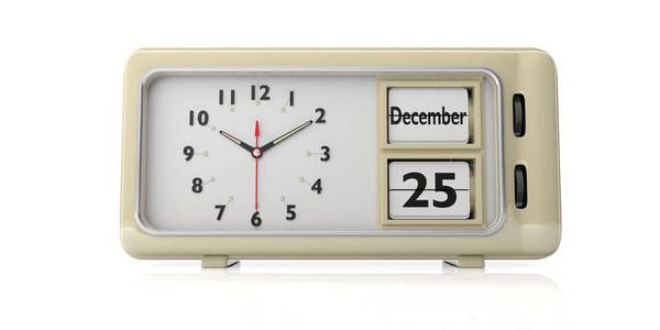 圣诞节时间。复古闹钟与圣诞节日期, 12月25日孤立的白色背景。3d 插图