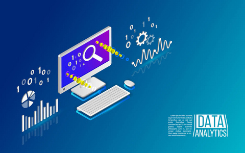 计算机上的分析信息。大型数据分析工具。等距设计现代矢量图解
