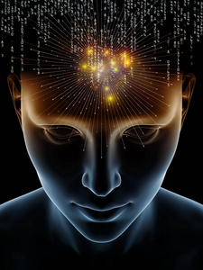 在意识,大脑,智力和人工智能这一主题上, 人类头部3d 插图和技术符号