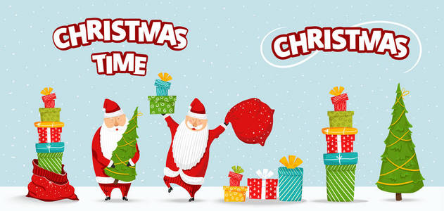 动画片圣诞老人设置。滑稽快乐的圣诞老人字符与圣诞树, 一堆礼物, 袋子与礼物, 高兴, 挥动和问候。新年请柬, 卡片, 横幅, 