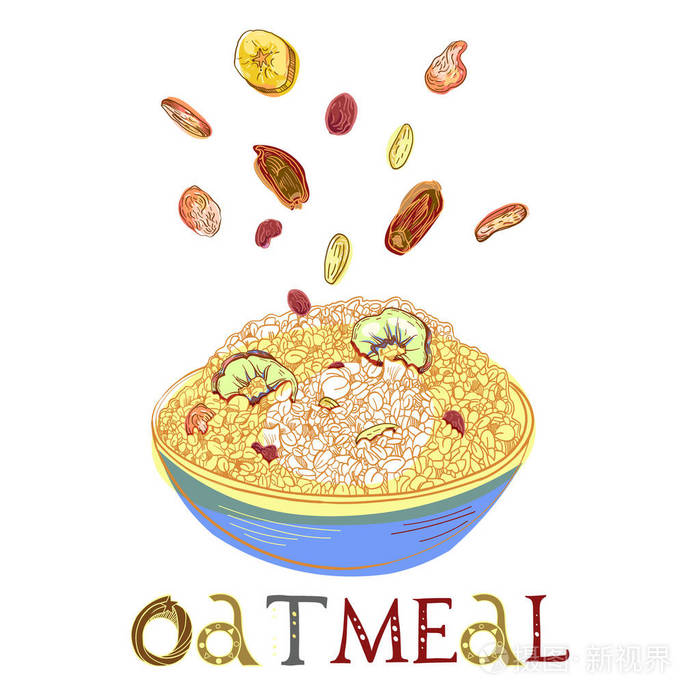 盘子里有脱水水果的麦片粥.健康食品早餐.完全可编辑的矢量插图与刻字