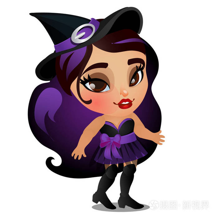 年轻的黑发女孩在女巫帽和短礼服微笑孤立的白色背景.