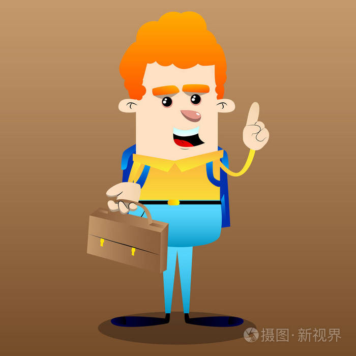 小学生拿着手提箱, 并提出了一个要点.矢量卡通人物插画