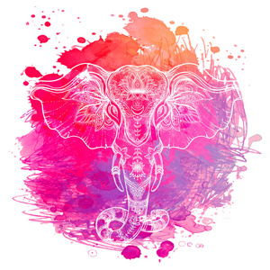 印度大象在水彩背景。纹身艺术瑜伽快乐的节日传统电影节矢量插画。甘妮莎勋爵
