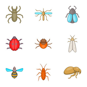 昆虫的图标集，卡通风格的顺序