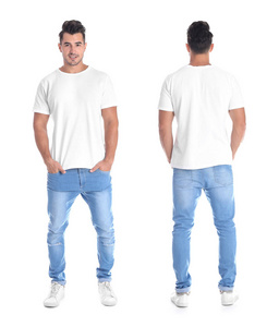 设置与年轻男子在不同的空白彩色 t恤衫的白色背景, 正面和背面的看法。模拟设计