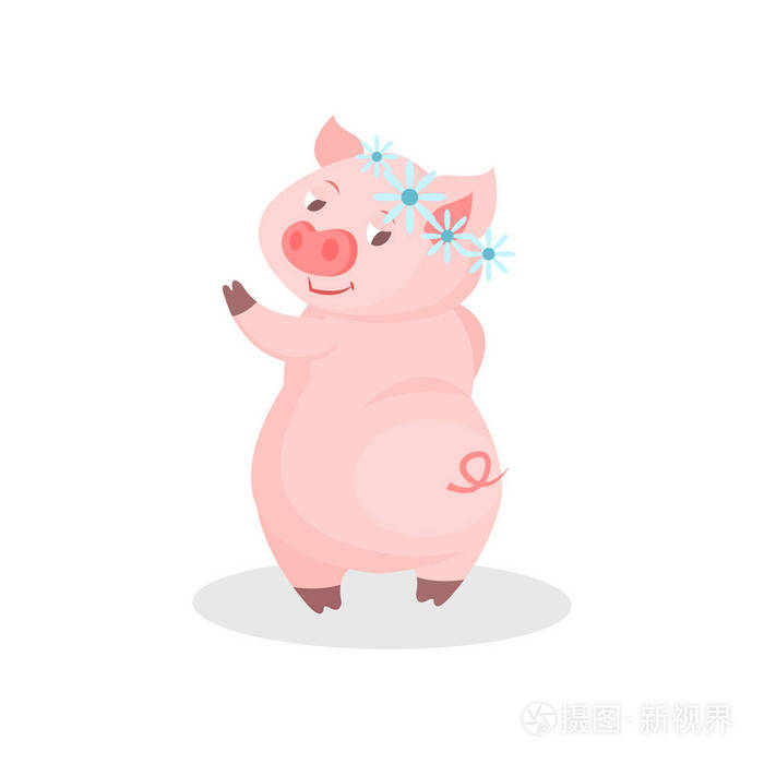 滑稽的猪戴花环, 可爱的小猪卡通人物矢量插图白色背景