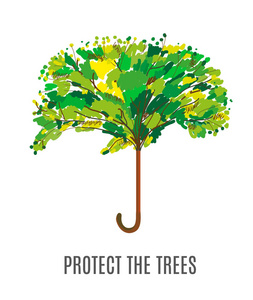 用雨伞保护树木和环境插图, 粗略设计。矢量图形