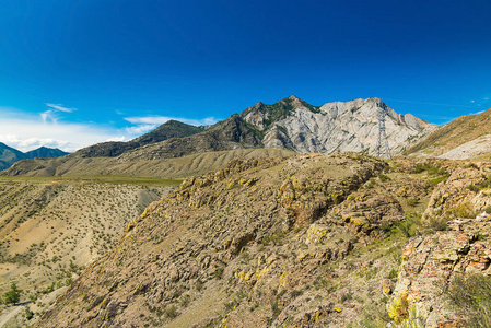岩石表面的野生山, 阿尔泰共和国, 俄罗斯。山和山的表面, 干燥的岩石土壤, 山在距离, 输电线在狂放的山