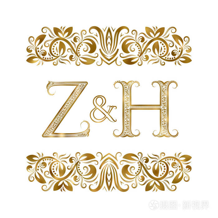 被观赏元素包围的字母.婚礼或商业伙伴在皇家风格的字母组合