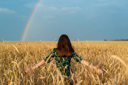 一粒麦子从年轻女子的背影看, 在田野上用麦子向两侧的耳朵在彩虹的