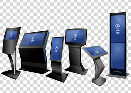 六宣传互动信息亭, 广告展示, 终端展台, 触摸屏显示屏在透明背景下隔离。模拟模板