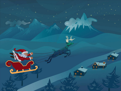 圣诞老人与雪橇在冬天的夜晚与鹿飞