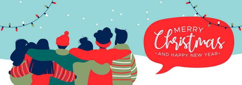 圣诞快乐, 新年快乐的网络横幅, 不同的年轻人朋友团体拥抱在一起庆祝节日