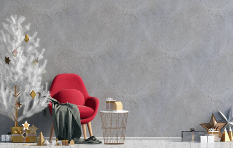 现代闪亮的圣诞内饰与椅子, 斯堪的纳维亚风格。墙上的模拟。3d 插图