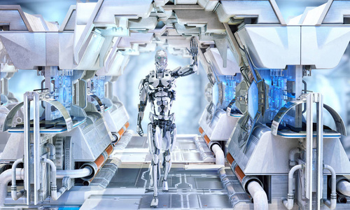 机器人挥手致意, 打个招呼。安卓, 人形或机器人人工智能技术的概念。未来科幻小说元素。3d 插图