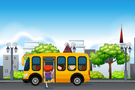孩子在黄色学校公共汽车例证