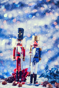 雪落在士兵和国王胡桃夹子雕像站。老式的滤波器的应用