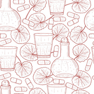 一个杯子, 一个胶囊, 一个有药水的瓶子.背景, 壁纸, 无缝.素描.