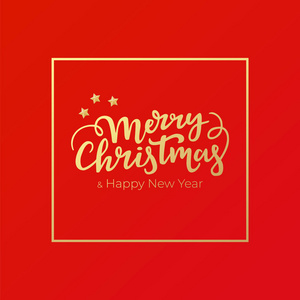 圣诞和新年的冬季明信片设计, 背景为红色, 节日字母和金箔框架