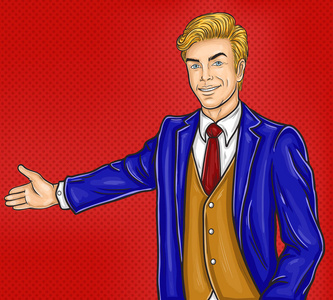 中年妇女做邀请手势男子在夹克举行数字平板电脑和做邀请手势孤立在