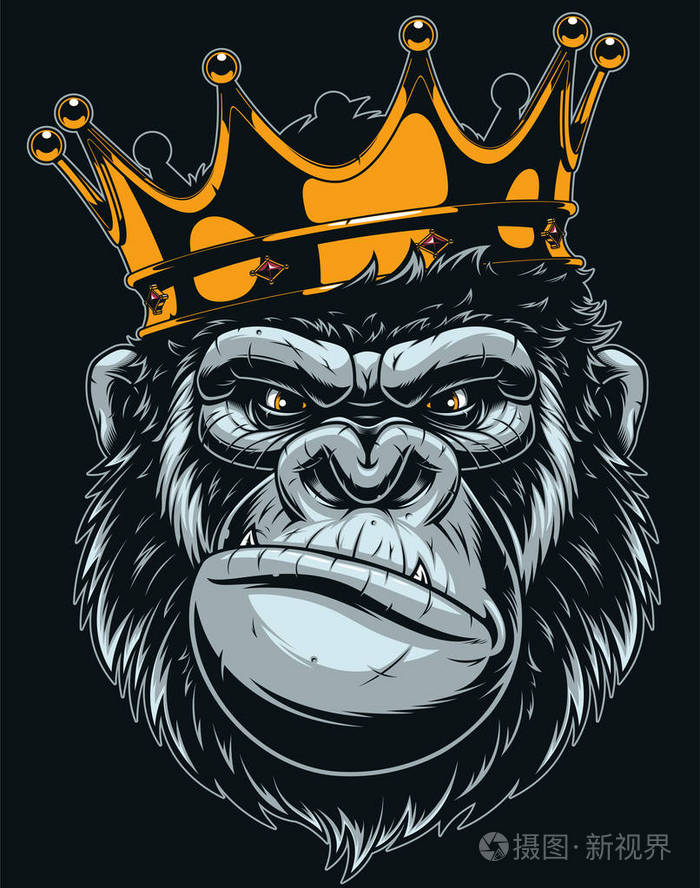 向量例证, 凶猛的大猩猩头与冠, 在黑背景