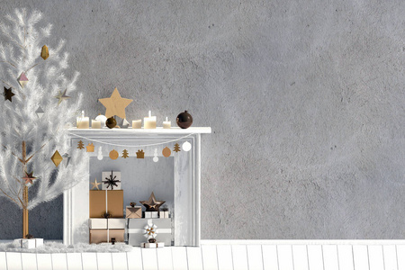 现代圣诞内饰与壁炉, 斯堪的纳维亚风格。墙在嘲笑。3d 插图