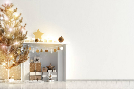 现代闪亮的圣诞内饰与壁炉, 斯堪的纳维亚风格。墙上的模拟。3d 插图