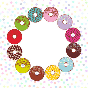 甜甜甜圈设置与糖霜和洒隔离, 柔和的颜色波尔卡点背景圆形框架的文本。向量例证